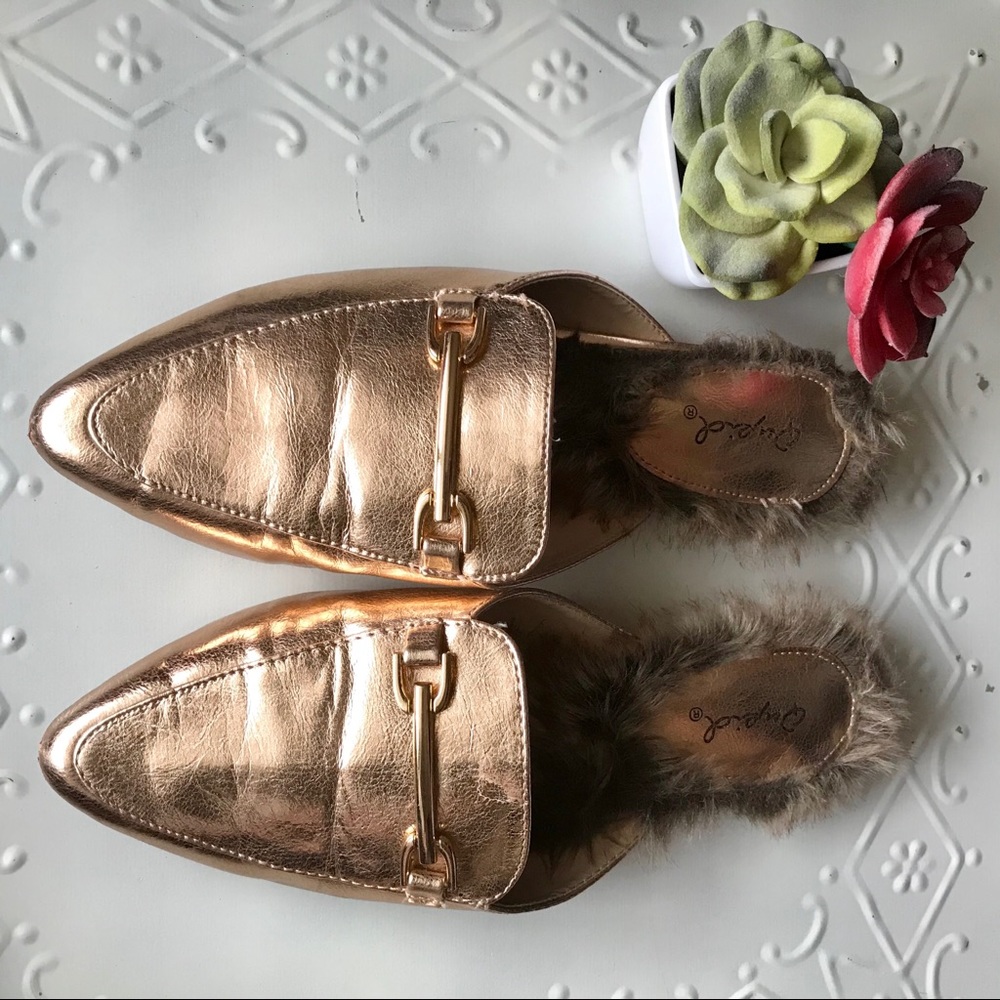 Metallic fur-lined slip on mules gold bit ornament
